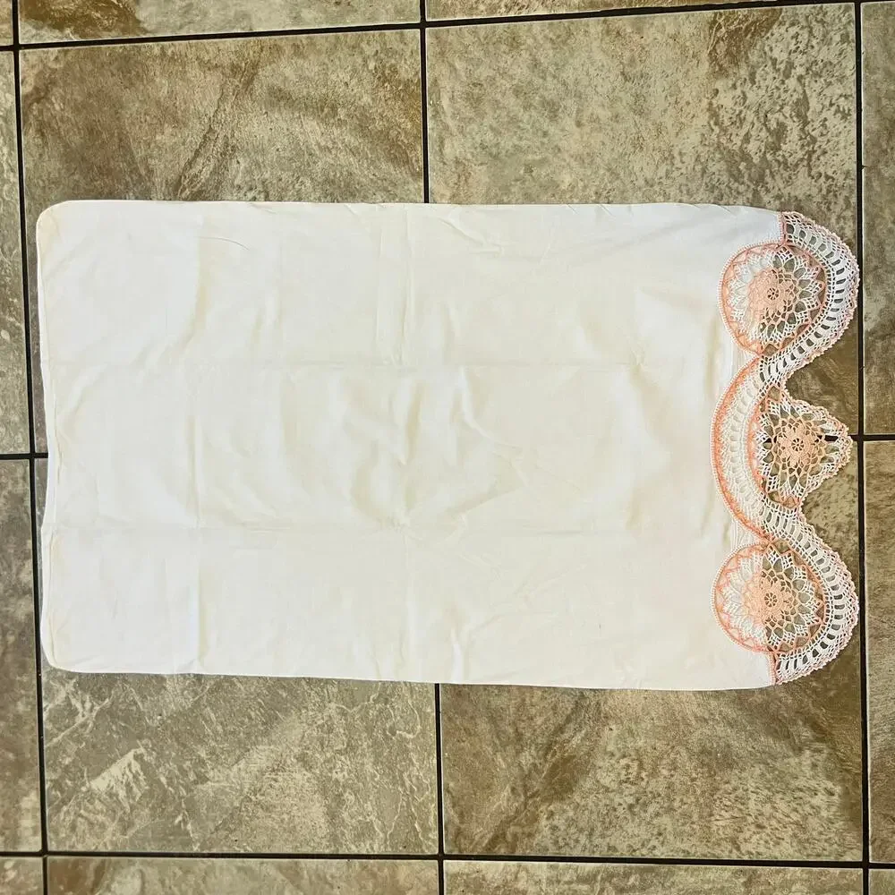 Vintage Pillowcase Crochet Lace Trim Peach Cream Floral Scallop Cottage Decor